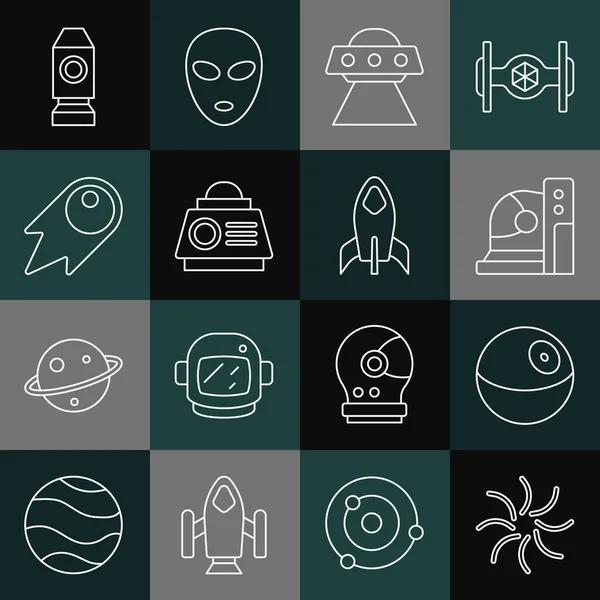 Set line Black hole, Planet, Astronaut helmet, UFO flying spaceship, Space capsule, Comet falling down fast, Rocket and icon. Vector — стоковый вектор