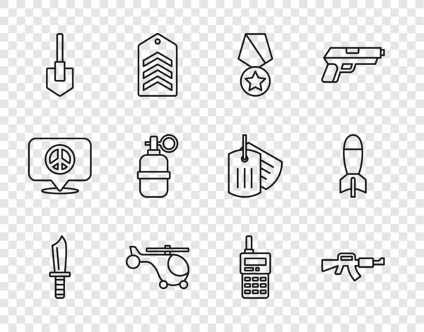 Set line Cuchillo militar, rifle M16A1, medalla de recompensa, helicóptero, pala, granada de mano, walkie talkie y lanzacohetes icono. Vector — Vector de stock