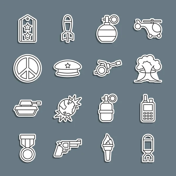Set line Rocket launcher, Walkie talkie, Nuclear explosion, Hand grenade, Military beret, Peace, rank and Howitzer icon. Vector — Vetor de Stock