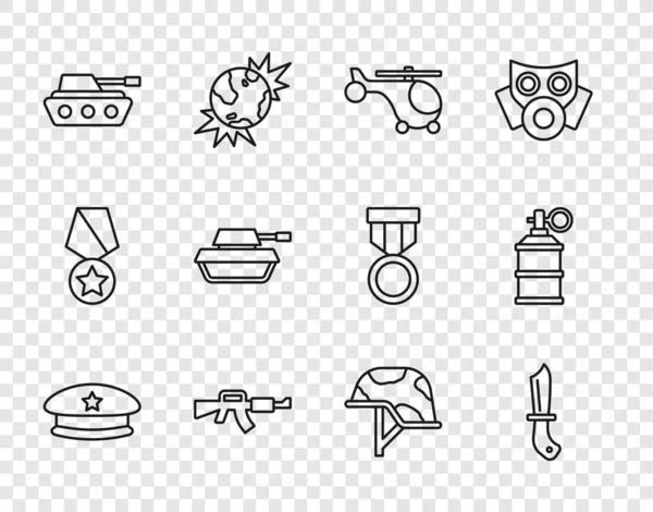 Set line Military beret, knife, Helicopter, M16A1 rifle, tank, helmet and Hand smoke grenade icon. Vector — Stock Vector