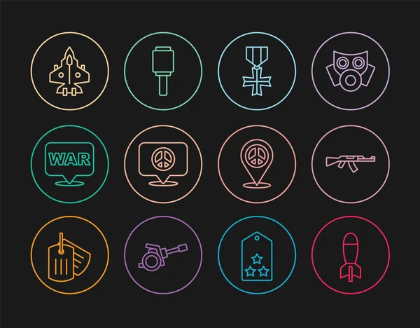 Set line Rocket launcher, Submachine gun, Military reward medal, Location peace, The word, Jet fighter, and Anti-tank hand grenade icon. Vector — Stockvektor