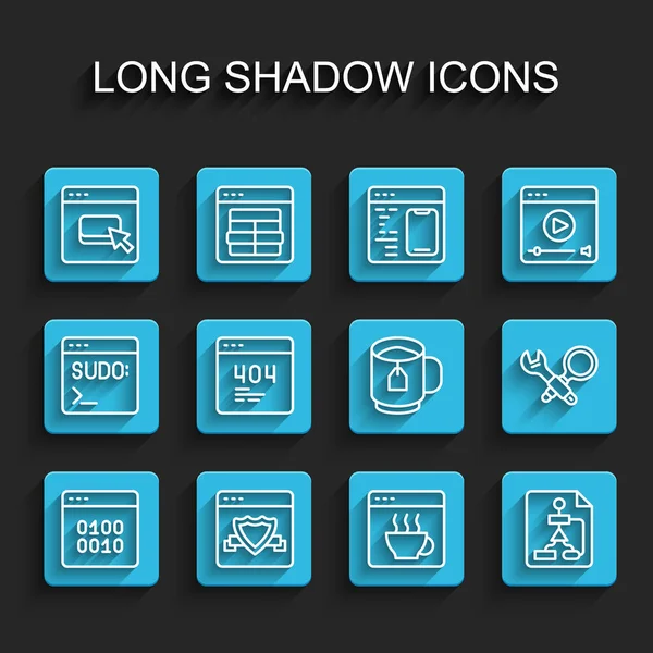 Set line Binary code, Browser with shield, files, Software, Flowchart, Page 404 error, Debugging and Cup tea tea bag icon. Vector — Wektor stockowy