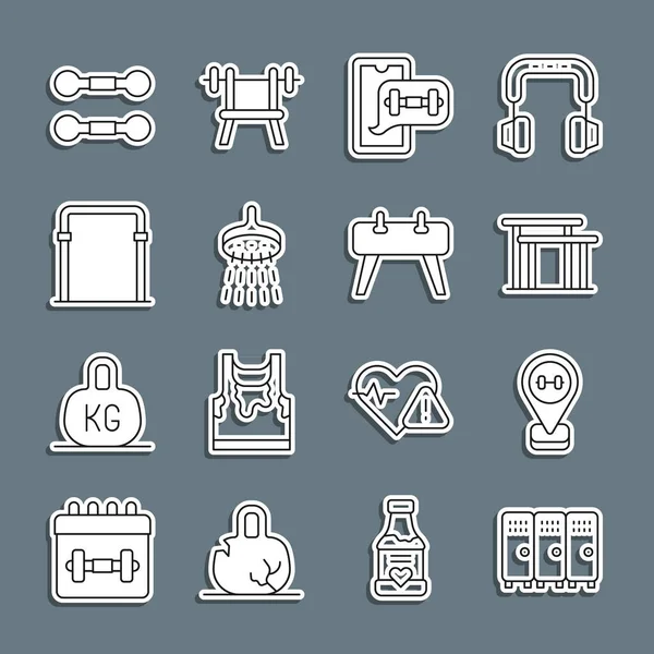 Set line Locker or changing room, Location gym, Uneven bars, Fitness app, Shower, Sport horizontal, Dumbbell and Pommel horse icon. Vector — Vettoriale Stock