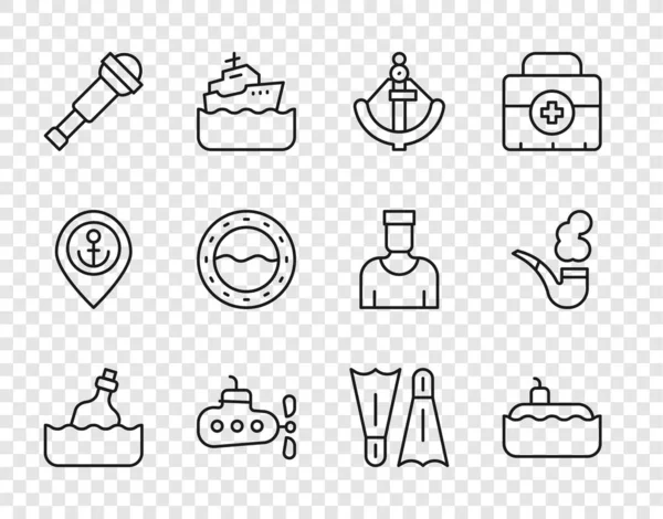 Set line Bottle with message in water, Submarine, Anchor, Spyglass telescope lens, Ship porthole, Flippers for swimming and Smoking pipe icon. Vector — Stockvektor