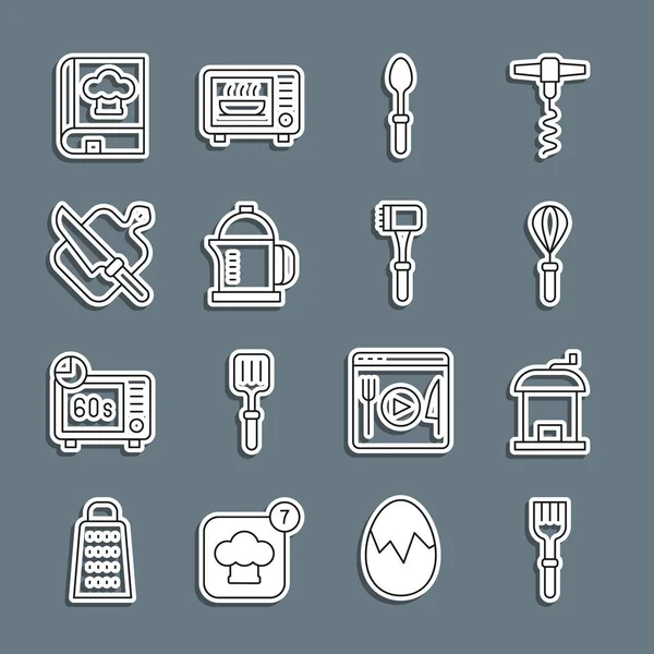 Set line Fork, Manual coffee grinder, Kitchen whisk, Teaspoon, French press, Cutting board and knife, Cookbook and hammer icon. Vector — Διανυσματικό Αρχείο