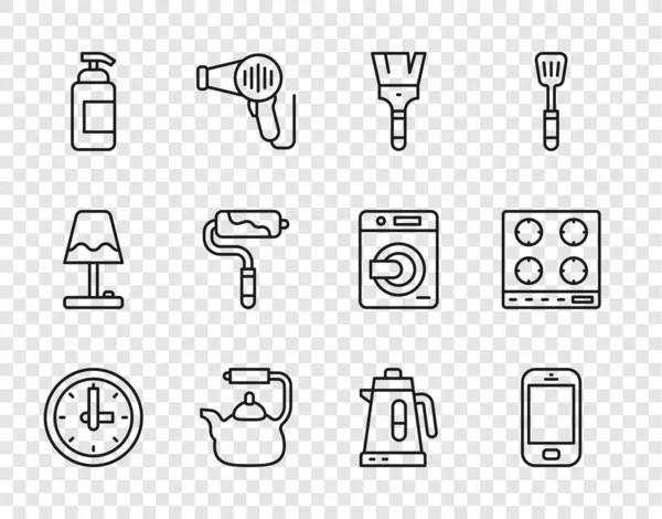 Set line Clock, Mobile phone, Paint brush, Kettle with handle, Antibacterial soap, roller, Electric kettle and Gas stove icon. Vector — 스톡 벡터