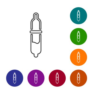 Black line Pipette icon isolated on white background. Element of medical, chemistry lab equipment. Pipette with drop. Medicine symbol. Set icons in color circle buttons. Vector