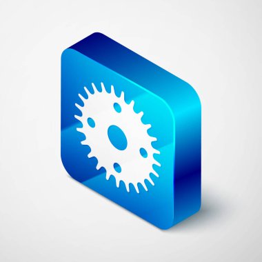 Gri arkaplanda Isometric Gear simgesi izole edildi. Çarklı teçhizat ayarları. İşçi sembolü. Mavi kare düğme. Vektör