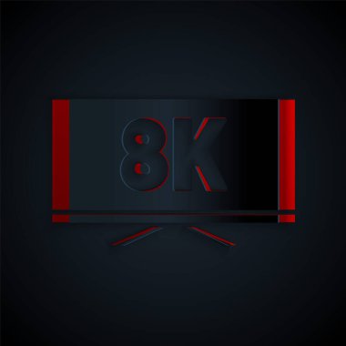 Siyah arkaplanda 8k Ultra HD video teknolojisi ikonu bulunan kağıt kesimi ekran TV. Kağıt sanatı tarzı. Vektör