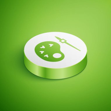 Isometric Paint brush with palette icon isolated on green background. White circle button. Vector