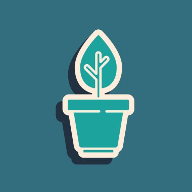 Green Plant in pot icon isolated on green background. Plant growing in a pot. Potted plant sign. Long shadow style. Vector