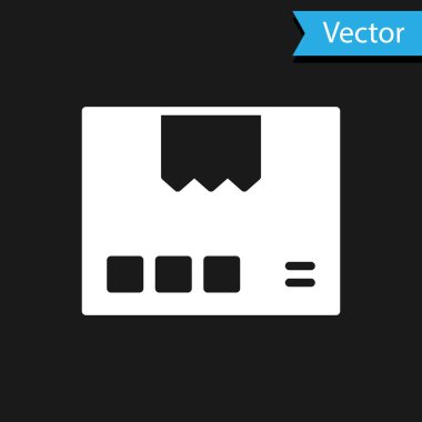 Siyah arkaplanda beyaz karton kutu simgesi var. Kutu, paket, paket işareti. Teslimat ve ambalaj. Vektör