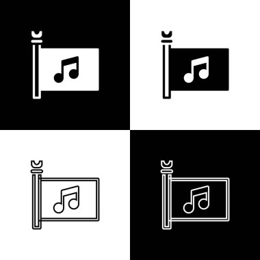 Set Müzik Festivali, erişim, bayrak, müzik notası simgesi siyah beyaz arka planda izole. Vektör