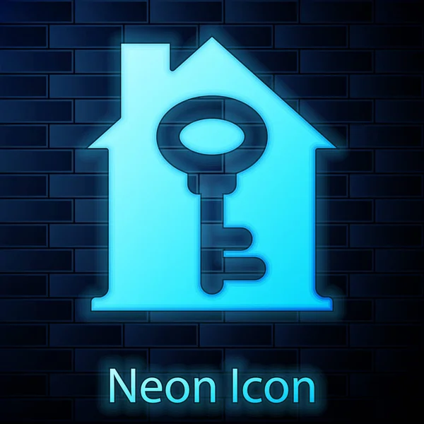 Glowing neon House with key icon isolated on brick wall background. The concept of the house turnkey. Vector — Vettoriale Stock