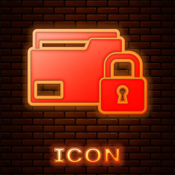 Glowing neon Folder and lock icon isolated on brick wall background. Closed folder and padlock. Security, safety, protection concept. Vector — Stock Vector