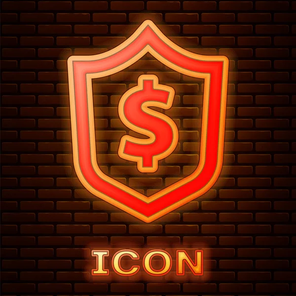 Brillante escudo de neón con símbolo de dólar icono aislado en el fondo de la pared de ladrillo. Protección del escudo de seguridad. Concepto de seguridad monetaria. Vector — Vector de stock