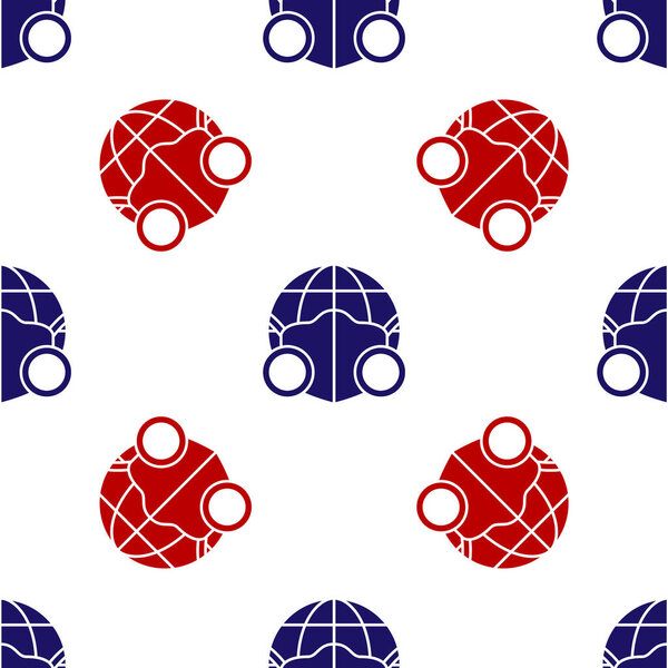 Blue and red Earth globe with medical mask icon isolated seamless pattern on white background. Vector.