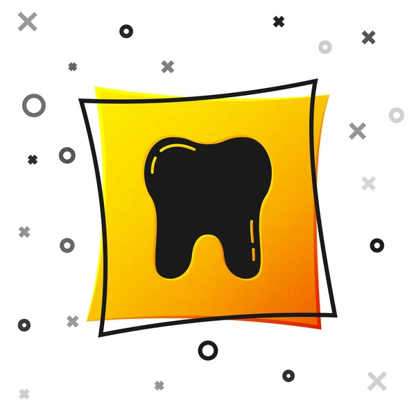 Ícone de dente preto isolado no fundo branco. Símbolo de dente para clínica odontológica ou dentista centro médico e pacote de pasta de dentes. Botão quadrado amarelo. Vetor —  Vetores de Stock