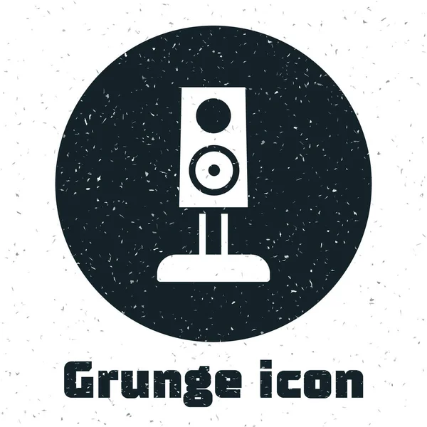 Grunge Stereo Lautsprechersymbol isoliert auf weißem Hintergrund. Soundsystem-Lautsprecher. Musik-Ikone. Musikalische Säulenlautsprecher Bass-Ausstattung. Monochrome Vintage-Zeichnung. Vektor — Stockvektor