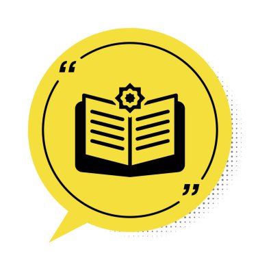 Beyaz arka planda izole edilmiş Kara Kutsal Kur 'an ikonu. Müslüman bayramı, Kurban Bayramı, Kurban Bayramı, Ramazan Kareem. Sarı konuşma balonu sembolü. Vektör