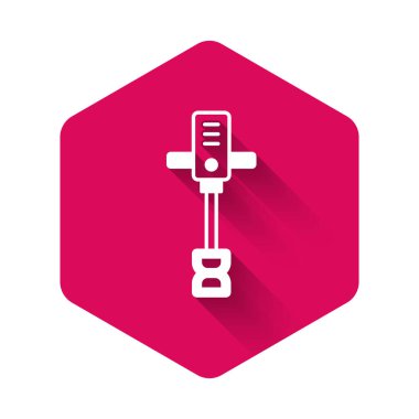 White Electrical hand concrete mixer icon isolated with long shadow background. Handheld electric cement mixer. Pink hexagon button. Vector