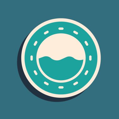 Green Ship porthole with rivets and seascape outside icon isolated on green background. Long shadow style. Vector