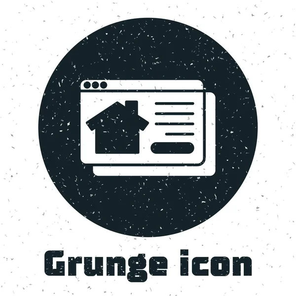 Grunge Online Будинок нерухомості в браузері ізольований на білому тлі. Концепція будинку, оренда, купівля майна. Монохромний вінтажний малюнок. Вектор — стоковий вектор