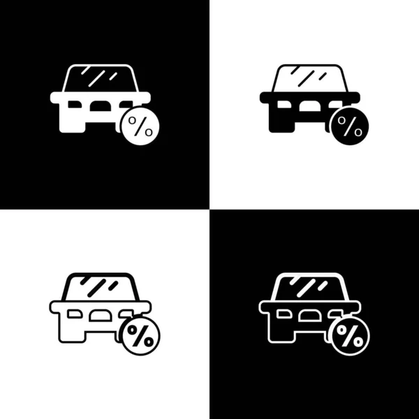 Set Coche arrendamiento por ciento icono aislado sobre fondo blanco y negro. Porcentaje de crédito. Vector — Vector de stock