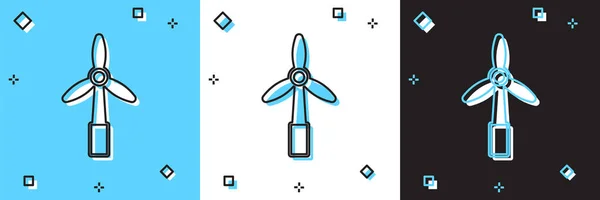 Set Wind turbine icon isolated on blue and white, black background. Wind generator sign. Windmill for electric power production. Vector — Image vectorielle
