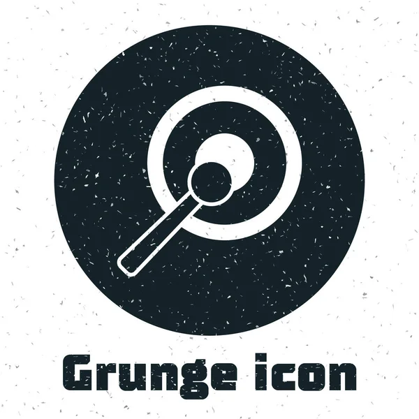 Grunge Gong musical percussion instrument circular metal disc and hammer icon isolated on white background. Monochrome vintage drawing. Vector — Stock vektor