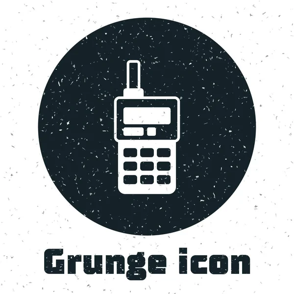 Grunge Walkie talkie icon isolated on white background. Portable radio transmitter icon. Radio transceiver sign. Monochrome vintage drawing. Vector — Stockvektor