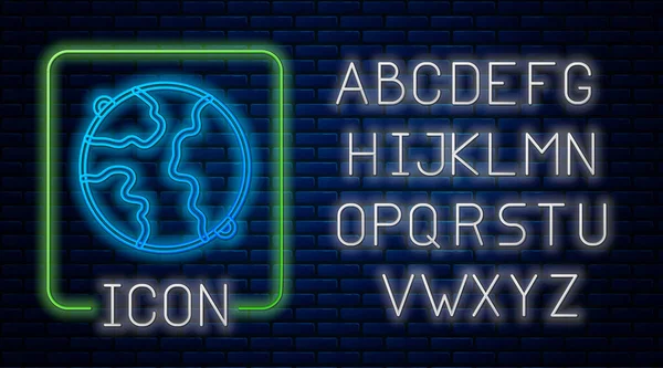 Glowing neon Worldwide icon isolated on brick wall background. Pin on globe. Neon light alphabet. Vector — Stockvektor
