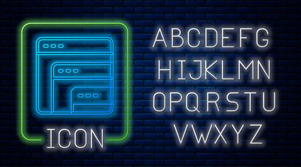 Logiciel néon lumineux, icône de code de programmation développeur web isolé sur fond de mur de briques. Javascript script d'ordinateur parties aléatoires de code de programme. Alphabet néon. Vecteur — Image vectorielle