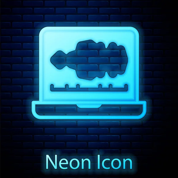 Glowing neon Sound or audio recorder or editor software on laptop icon isolated on brick wall background. Vector — Vetor de Stock