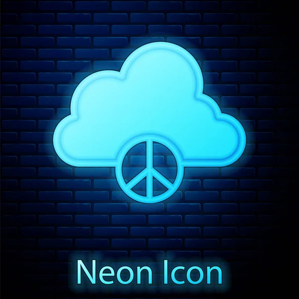 Glowing neon Peace cloud icon isolated on brick wall background. Hippie symbol of peace. Vector — Stock Vector