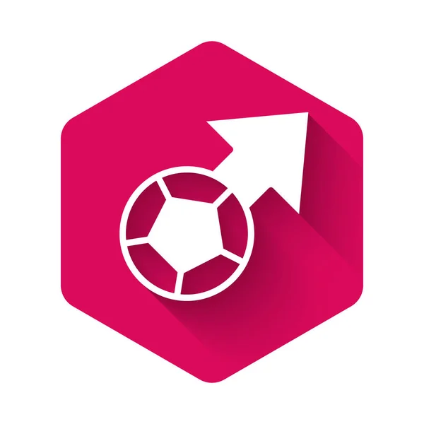 White Soccer football ball icon isolated with long shadow background. Sport equipment. Pink hexagon button. Vector — Stock Vector