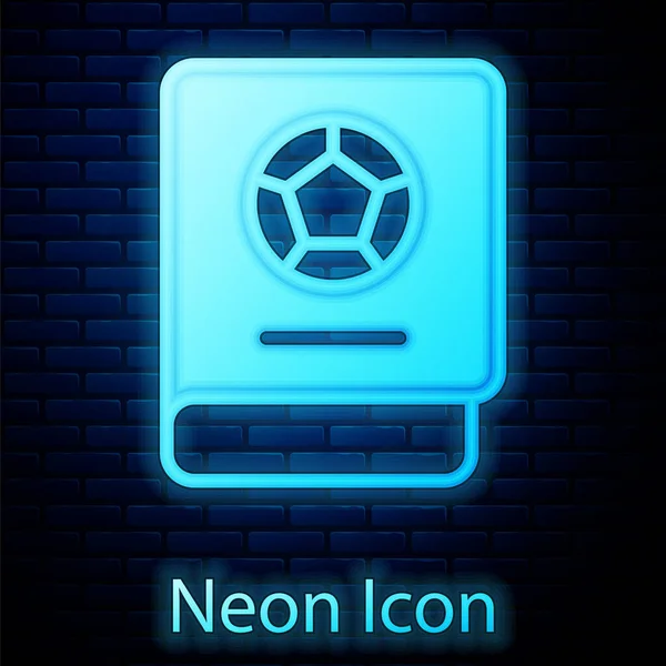 Glowing neon Football learning book icon isolated on brick wall background. Vector — стоковый вектор