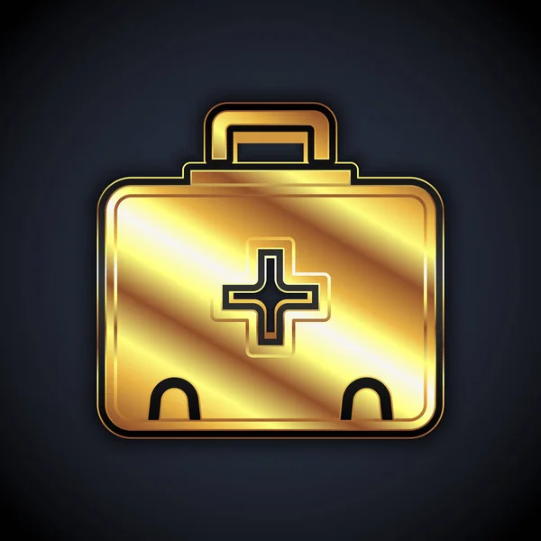 Icono del kit de primeros auxilios dorado aislado sobre fondo negro. Caja médica con cruz. Equipo médico para emergencias. Concepto de salud. Vector — Archivo Imágenes Vectoriales