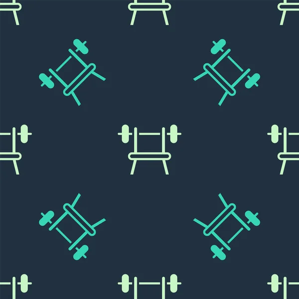 Green and beige Bench with barbell icon isolated seamless pattern on blue background. Gym equipment. Bodybuilding, powerlifting, fitness concept. Vector — стоковый вектор