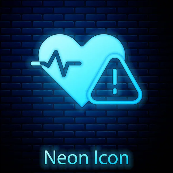 Glödande neon hjärtfrekvens ikon isolerad på tegel vägg bakgrund. Hjärtslag tecken. Hjärtpulsikon. Kardiogramikon. Vektor — Stock vektor