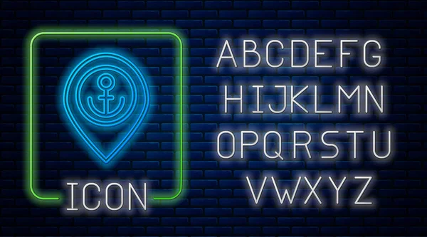 Glowing neon Map pointer with anchor icon isolated on brick wall background. Neon light alphabet. Vector — Stockvektor