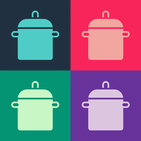 Pop Art Kochtopfsymbol isoliert auf farbigem Hintergrund. Kochen oder schmoren Lebensmittel Symbol. Vektor — Stockvektor