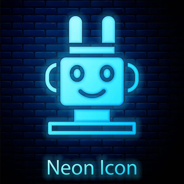 Brilhando neon ícone de brinquedo robô isolado no fundo da parede de tijolo. Vetor — Vetor de Stock