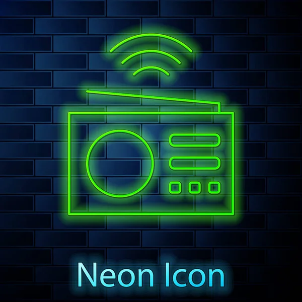 Glowing neon line Smart radio system icon isolated on brick wall background. Internet of things concept with wireless connection. Vector — 图库矢量图片