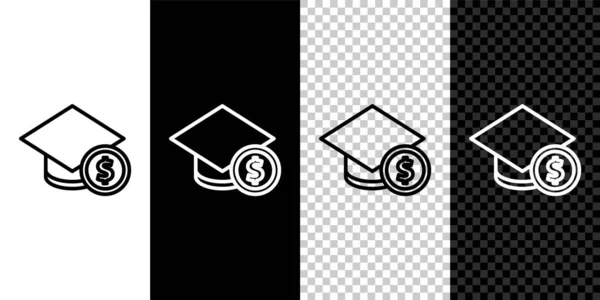 Set line Tapa de graduación e icono de moneda aislados sobre fondo blanco y negro. Educación y dinero. Concepto de costo de beca o préstamo, matrícula o cuota de estudio. Vector. — Vector de stock
