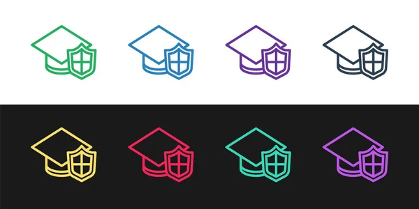 Set line Graduation cap with shield icon isolated on black and white background. Insurance concept. Security, safety, protection, protect concept. Vector. — Stock Vector