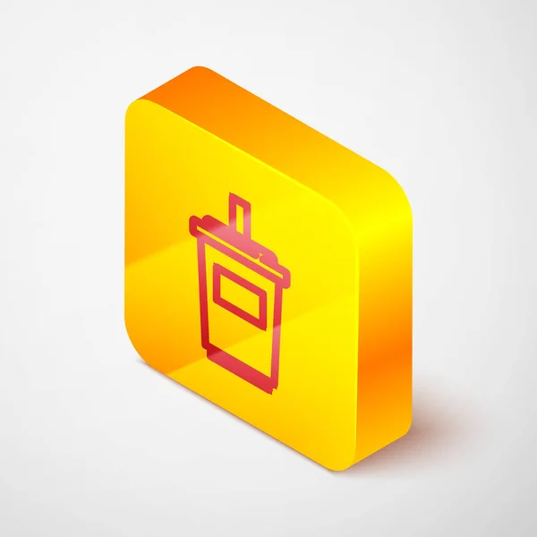 Isometric line Paper glass with drinking straw and water icon isolated on grey background. Soda drink glass. Fresh cold beverage symbol. Yellow square button. Vector — Stockvector