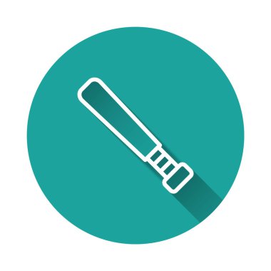 White line Baseball bat icon isolated with long shadow background. Green circle button. Vector