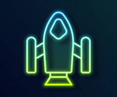 Parlayan neon hattı Roket gemisi simgesi siyah arkaplanda izole edildi. Uzay yolculuğu. Vektör