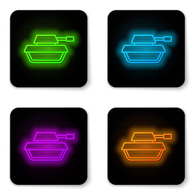 Parlayan neon hattı askeri tank simgesi beyaz arka planda izole edildi. Siyah kare düğme. Vektör